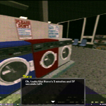 A low-poly image, this time of a laundromat. The protagonist, Sara, is checking how time is left for her clothes to be ready. "There's 5 minuted and 37 seconds left."