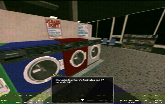 A low-poly image, this time of a laundromat. The protagonist, Sara, is checking how time is left for her clothes to be ready. "There's 5 minuted and 37 seconds left."