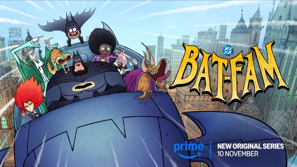 Promotional image for Bat-Fam season 1. Batman is flying the Batplane, and all the other characters are crammed in the cockpit (Alfred, Alicia, R'as al Ghul, Man-Bat, Claire, and the cat). Damian, wearing his Little Batman costume, is hanging from the back of the plane.