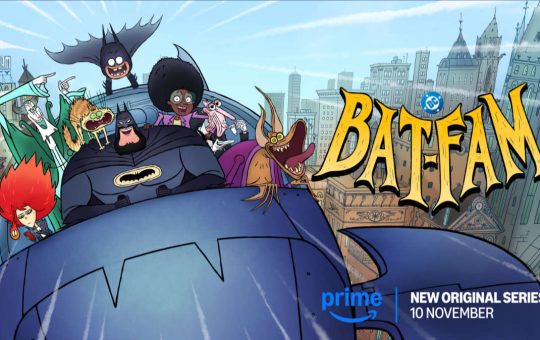 Promotional image for Bat-Fam season 1. Batman is flying the Batplane, and all the other characters are crammed in the cockpit (Alfred, Alicia, R'as al Ghul, Man-Bat, Claire, and the cat). Damian, wearing his Little Batman costume, is hanging from the back of the plane.