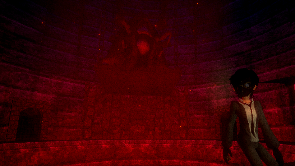 A man in a suit with a black and white face with lines on top. He's standing in a red, hellish-looking circular room.