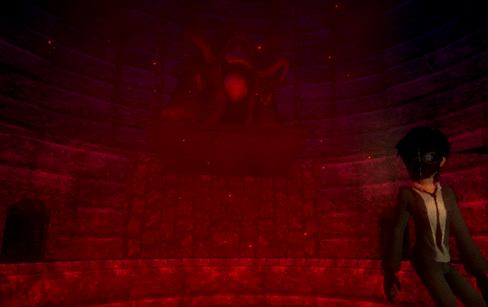 A man in a suit with a black and white face with lines on top. He's standing in a red, hellish-looking circular room.