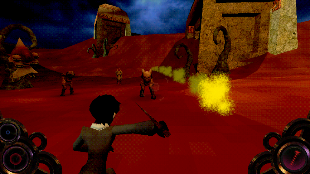 A red 3D landscape with multiple weird buildings. The protagonist, a man in a suit with a needle of sorts, is fighting weird monsters: bipeds with skull faces.