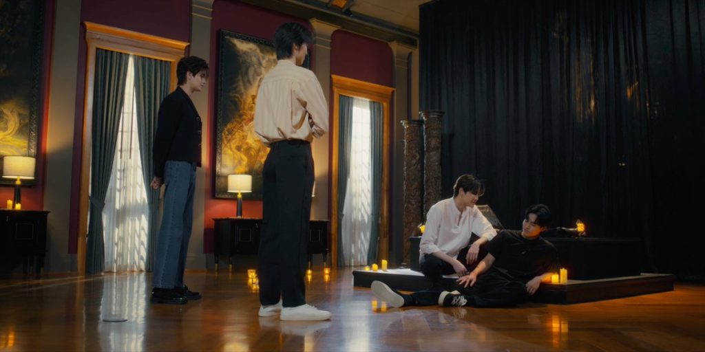 In Ciar's bedroom in his cult mansion, he is sitting on the floor by the bed with Ramil next to him. Ramil has just healed his injuries. Methus and Mekhin stand a few feet away, smiling at both of them.