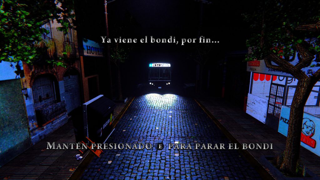 Low-poly depiction of a city street. There's a bus with a "39" sign comming, the captions urge you, in spanish, to press E in order to signal the bus the stop.