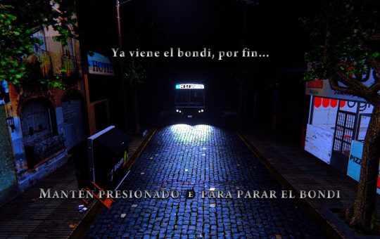 Low-poly depiction of a city street. There's a bus with a "39" sign comming, the captions urge you, in spanish, to press E in order to signal the bus the stop.