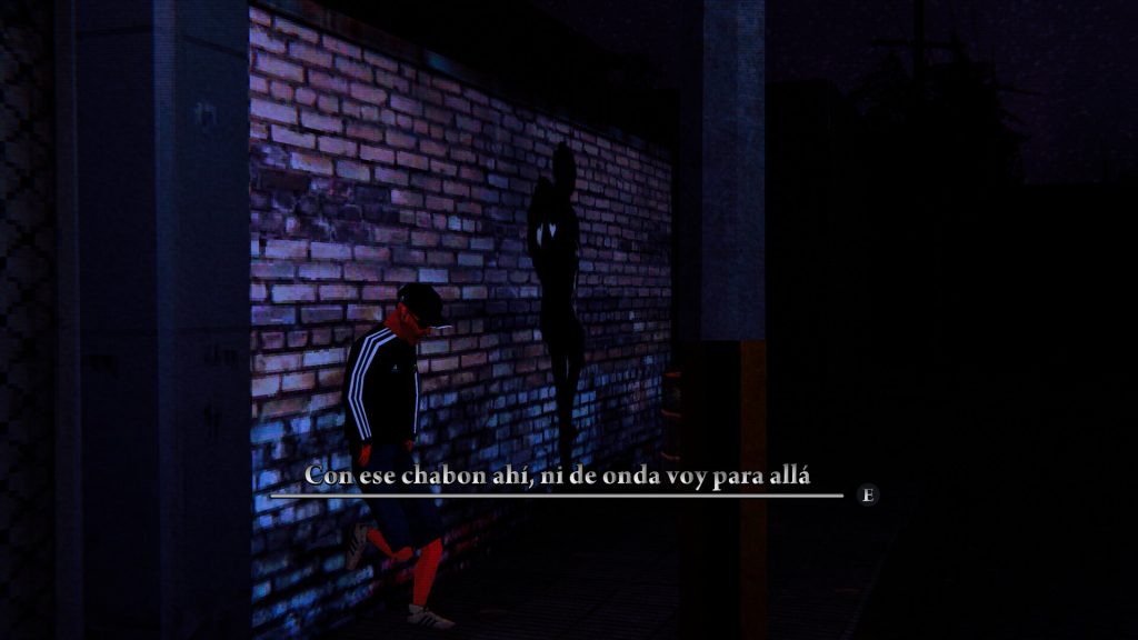 A dark wall in a city street, with a guy resting against the wall mimicking a mural behind him. The caption says, in spanish: "With that guy there, there's no way I'm going."