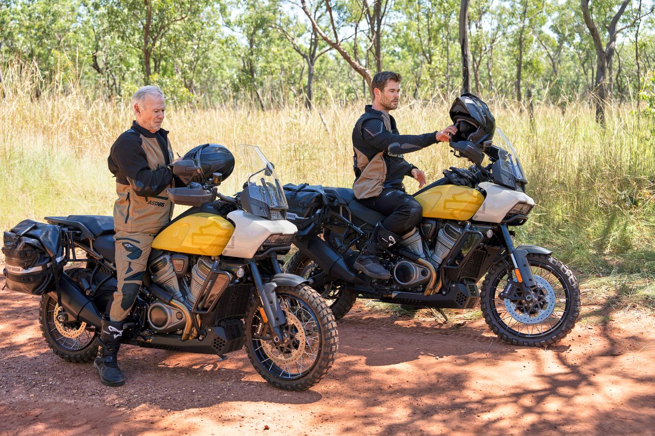 Chris Hemsworth and his father Craig gear up to ride their motorbikes across Australia's Northern Territory.