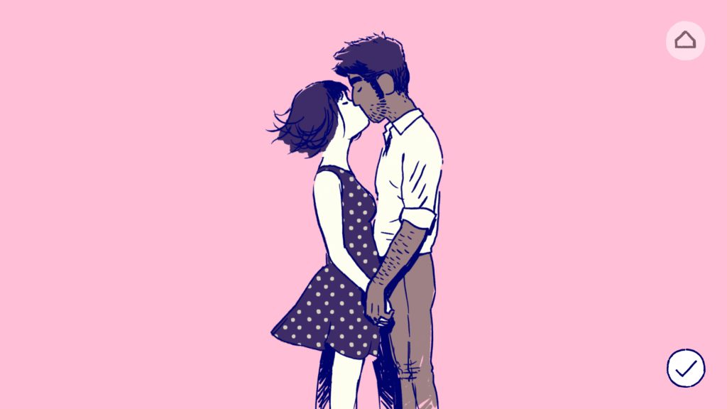 A couple kissing against a pink background.