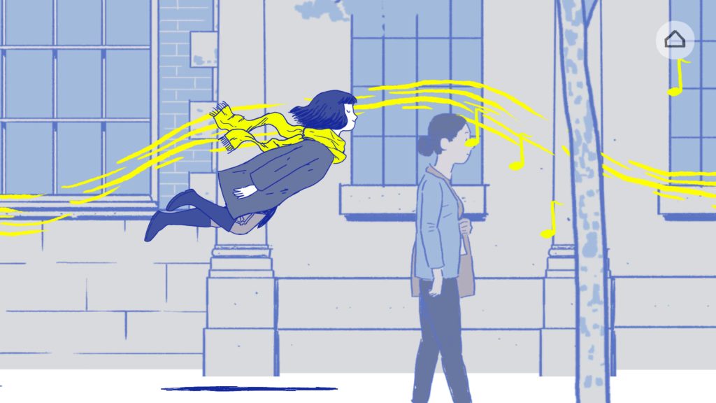 A girl with winter clothes and a yellow scarf floating through a city. Seems to be in trance because of music she's hearing, coming from somewhere.