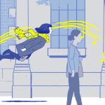 A girl with winter clothes and a yellow scarf floating through a city. Seems to be in trance because of music she's hearing, coming from somewhere.