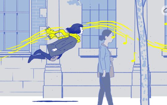 A girl with winter clothes and a yellow scarf floating through a city. Seems to be in trance because of music she's hearing, coming from somewhere.