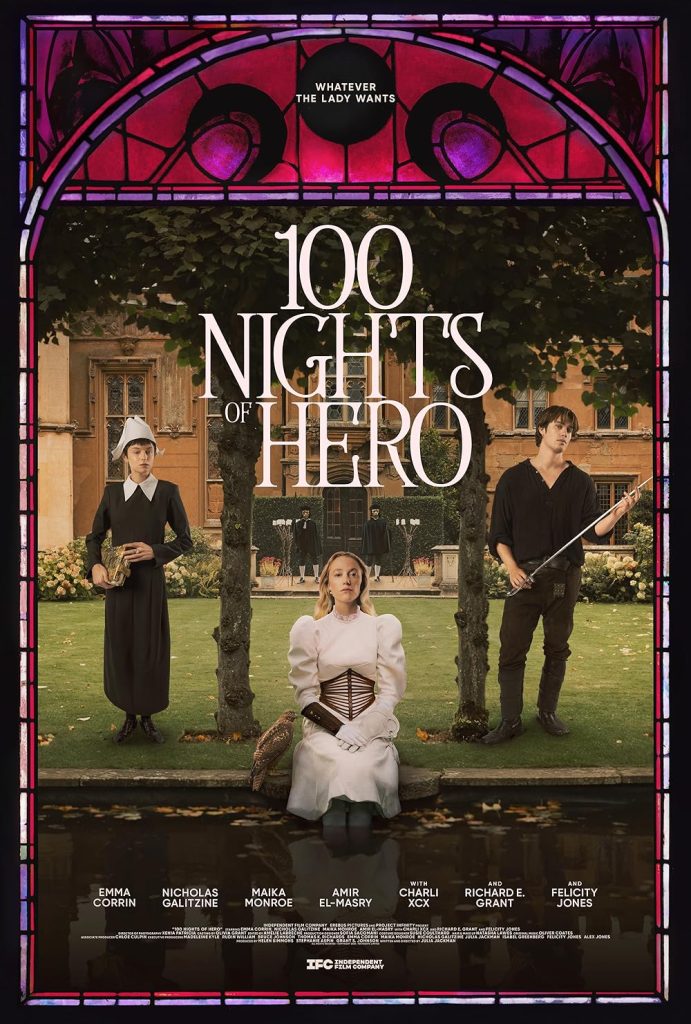 100 Nights of Hero movie poster. In the center is Cherry (Maika Monroe) dressed all in white, sitting primly with a falcon beside her. On her right is Manfred (Nicholas Galitzine) who somehow manages to have swagger while standing, casually holding a sword. On Cherry's left is Hero (Emma Corrin), dressed in her maid outfit and holding a large book.