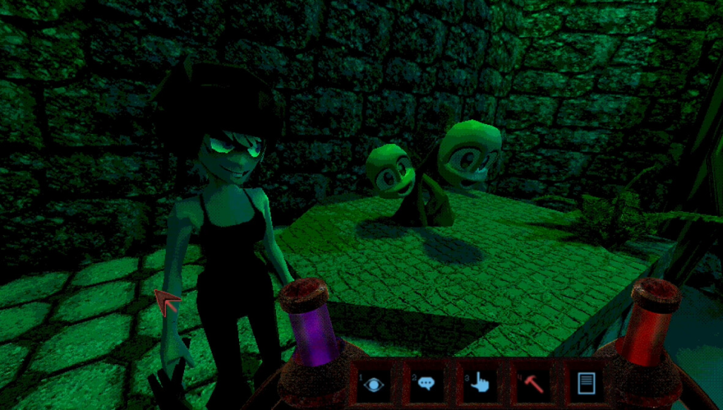 A green-lit dungeon of some kind. There''s a plant with two human faces bouncing around. By their side is a blonde girl wearing pants, a tanktop and a weird helmet.