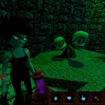 A green-lit dungeon of some kind. There''s a plant with two human faces bouncing around. By their side is a blonde girl wearing pants, a tanktop and a weird helmet.