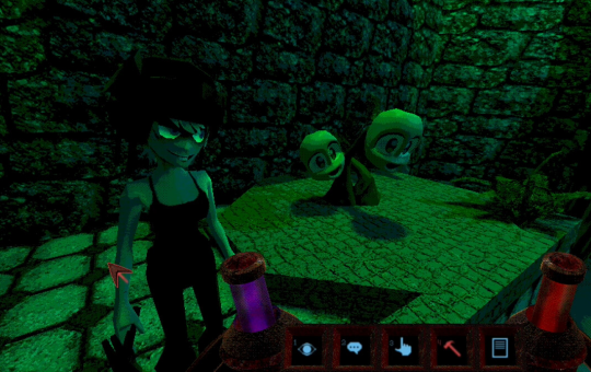 A green-lit dungeon of some kind. There''s a plant with two human faces bouncing around. By their side is a blonde girl wearing pants, a tanktop and a weird helmet.