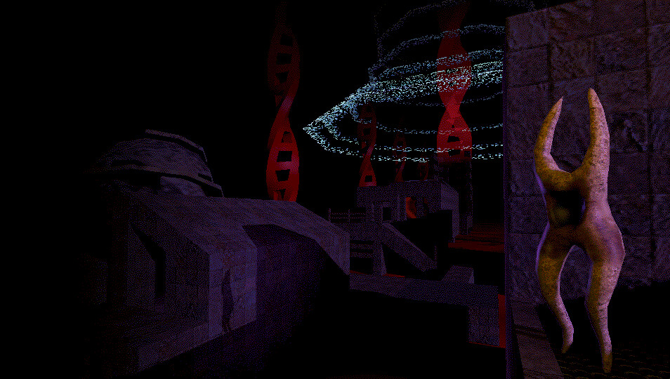 A weird, geometric world made mostly of concrete, with red structures that look like DNA in the distance. There's a monster nearby, that looks like a four-legged thing walking on its two back legs.
