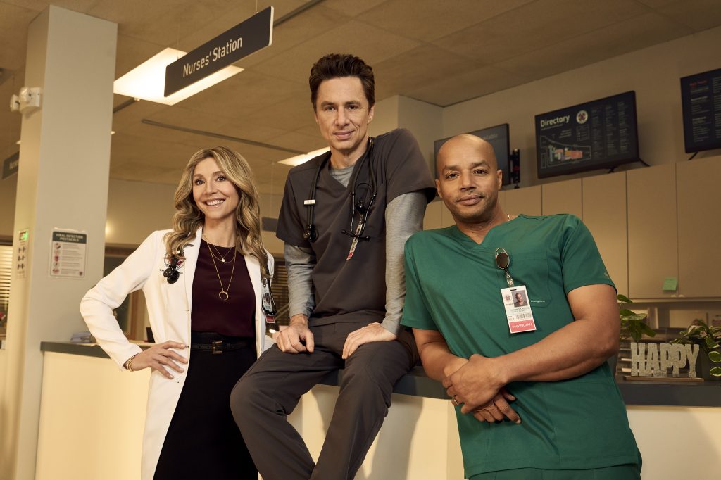 Sarah Chalke as Elliot Reid, Zach Braff as John "J.D." Dorian, and Donald Faison as Christopher Turk.