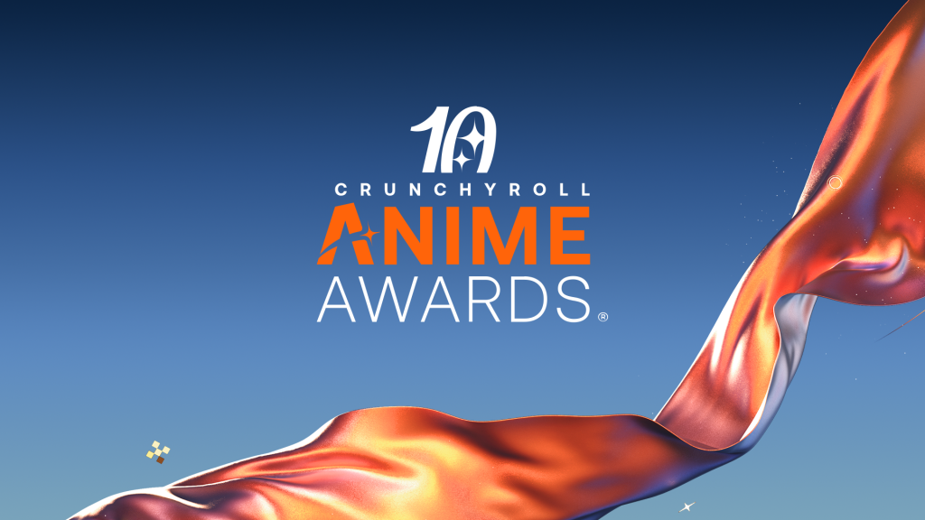 Promotional image for the Anime Awards. Shows a light orange silk ribbon fluttering against a blue background, with the text "10 CRUNCHYROLL ANIME AWARDS".