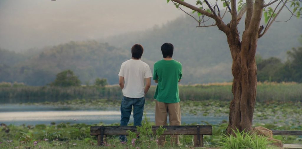 Pete and Niran stand side by side, staring out at a massive lake covered in lotuses. (I think those are lotus.)