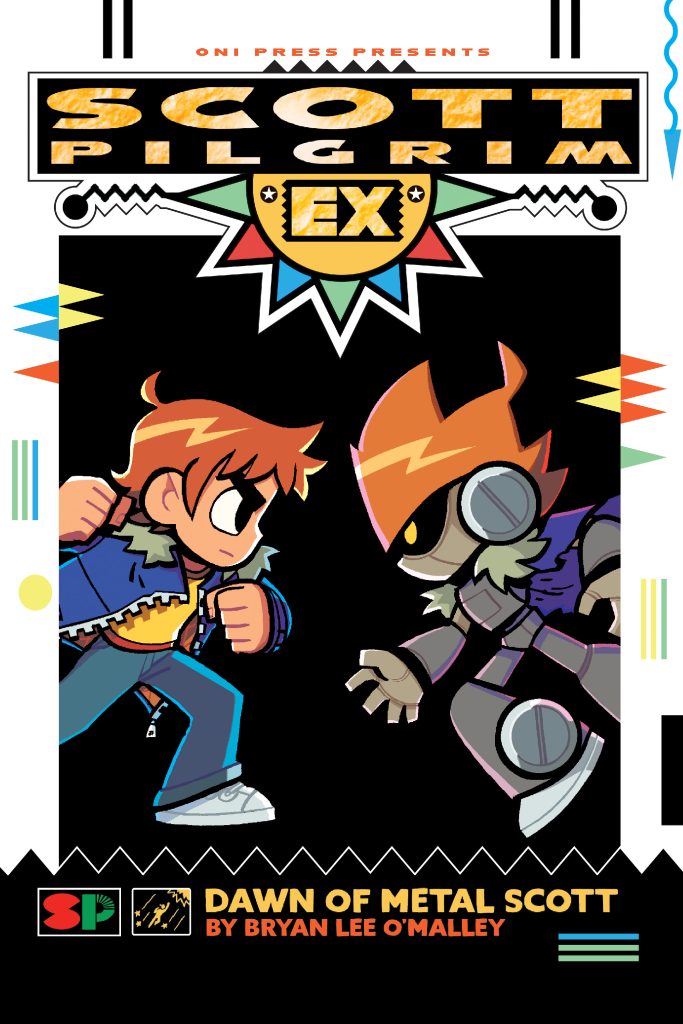 Cover for "Scott Pilgrim EX: Dawn of Metal Scott". Features Scott and Metal Scott facing off in the traditional fighting game pose, with Scott pulling his fist back to punch.