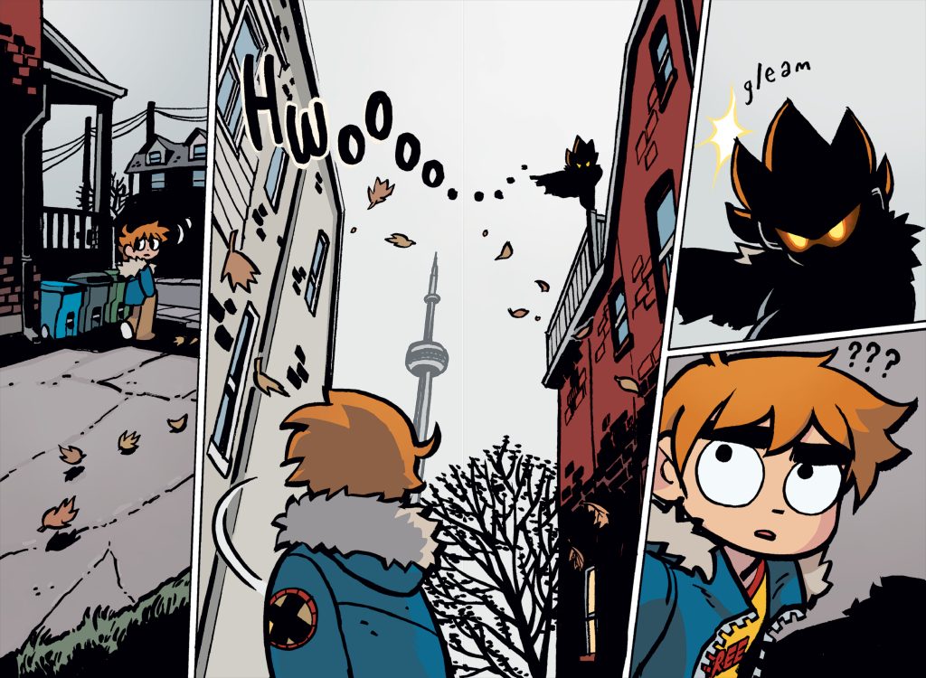 Sample page from "Scott Pilgrim EX: Dawn of Metal Scott". Four panels show Scott walking outside, then he spots Metal Scott staring at him from his rooftop perch, kind of like Batman. Scott is confused.