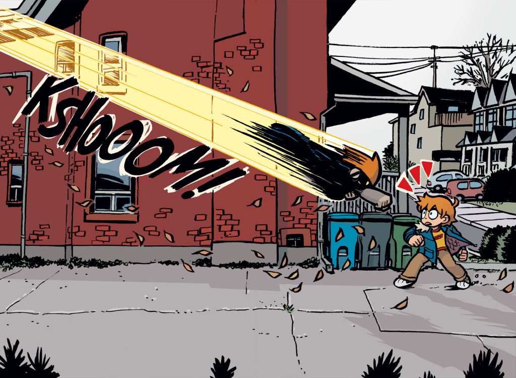 Sample page from "Scott Pilgrim EX: Dawn of Metal Scott". Metal Scott makes a diving attack toward Scott